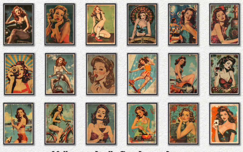 Lot d'affiches de filles pin-up vintage