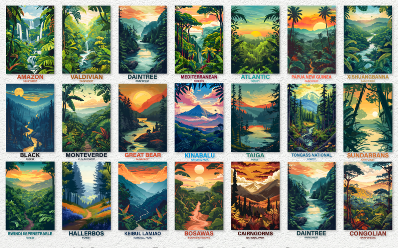 Lot d'affiches de voyage sur la magnifique forêt