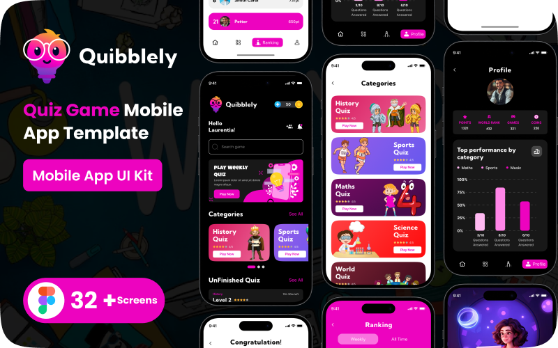 Plantilla de interfaz de usuario de la aplicación móvil Quibblely Quiz