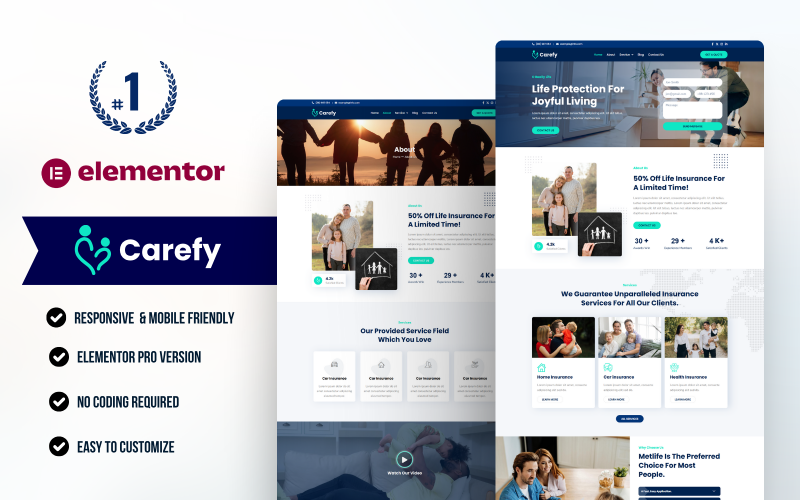 Carefy Life Insurance WordPress Elementor Szablon zestaw