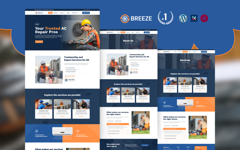 Plantilla de WordPress Elementor para reparación de aire acondicionado profesional Breeze