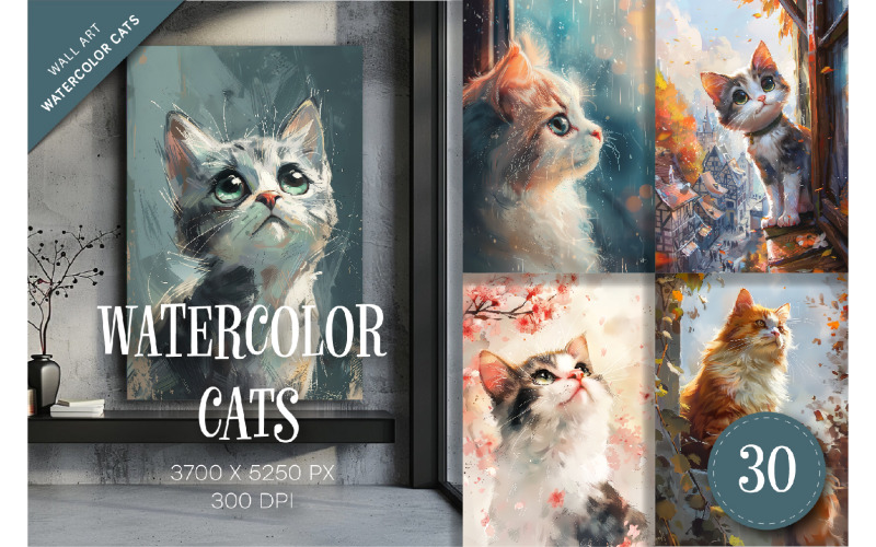 Chats à l'aquarelle. Art mural.