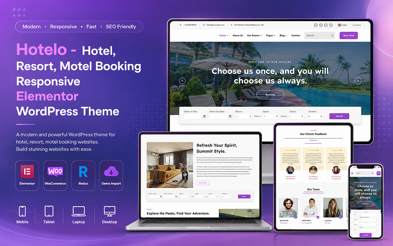 Hotelo - Hotel, Resort, Motel Reservering Responsief Elementor WordPress Thema