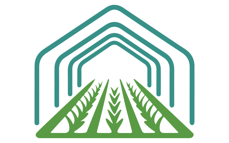 Een minimalistisch logo van een kas met rijen teelt