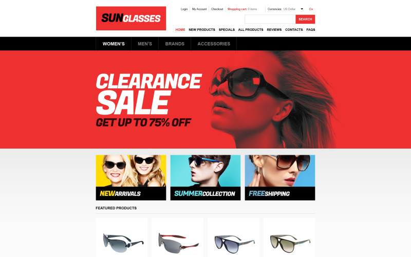 Стильний магазин сонцезахисних окулярів ZenCart шаблон