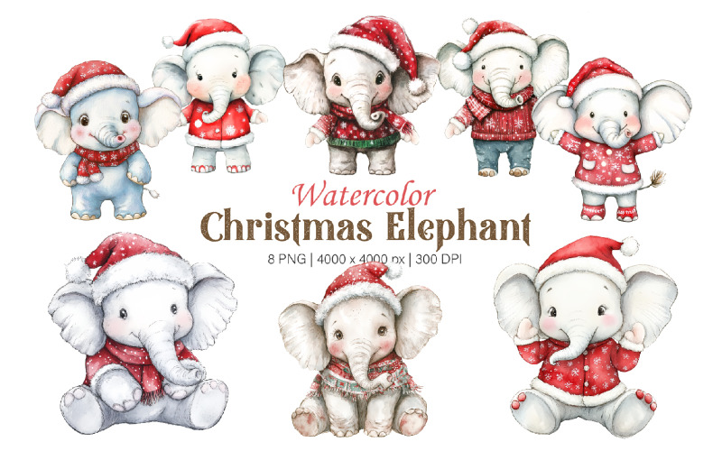 Elefante navideño. Acuarela PNG.