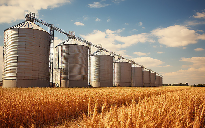 Silo à grains isolé se dressant sur un champ d'orge avec des courants-jets d'aviation au-dessus
