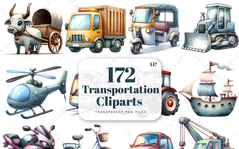Pacote de clipart de transporte público em aquarela
