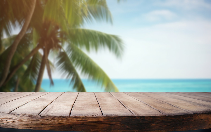 Drewniany postument z wolną przestrzenią i rozmytym tłem letniego krajobrazu plażowego