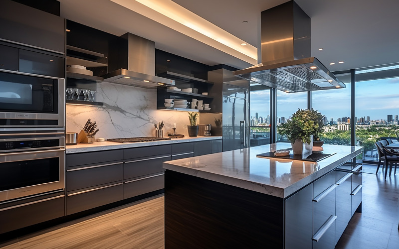 Uma representação fotorrealista de uma cozinha de cobertura de luxo com vista panorâmica da cidade e tecnologia de ponta