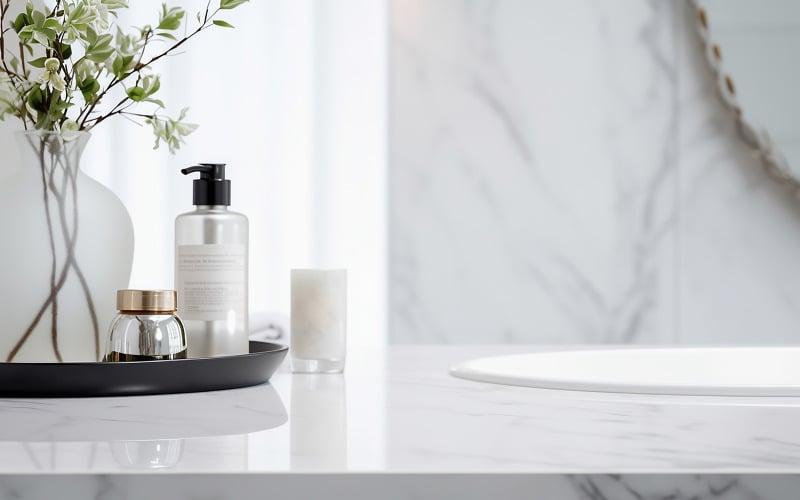 Badezimmerhintergrund und Marmor-Thekentischplatte können als Modell verwendet werden
