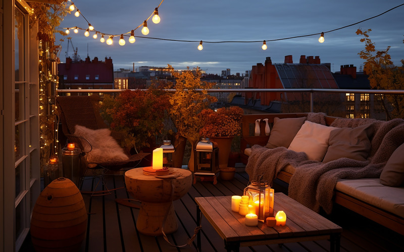 Blick auf gemütliche Außenterrasse mit Tisch und Stühlen, sehr romantische Beleuchtung, weiße Laternen