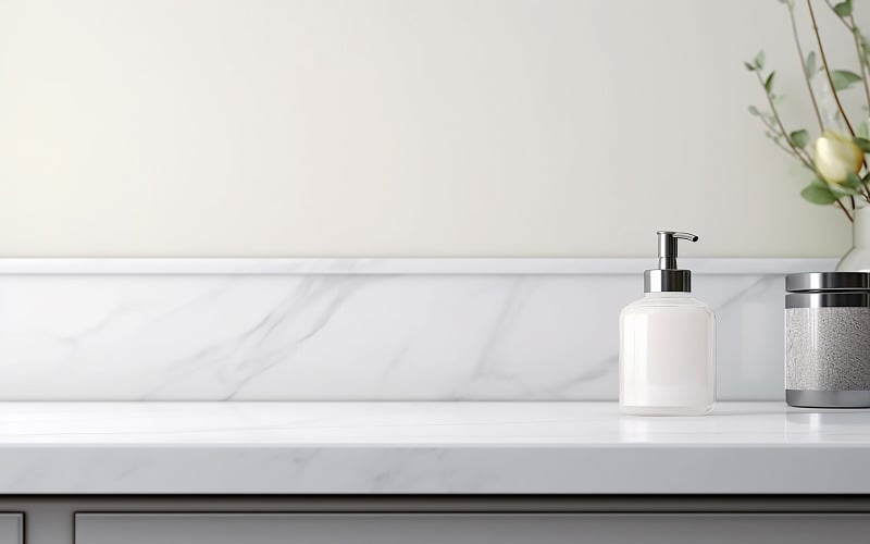 Empty marble top table with blurred bathroom interior Background display montage