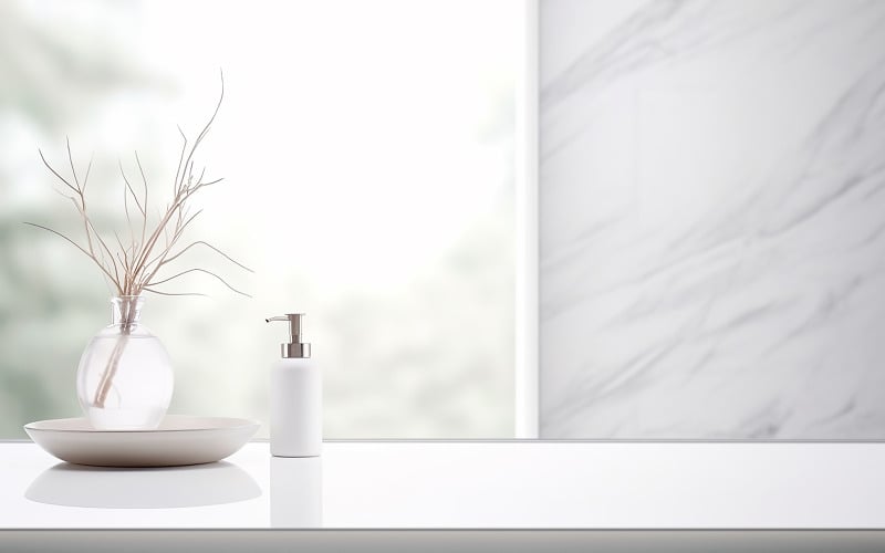 Mesa de mármol vacía con fondo interior de baño