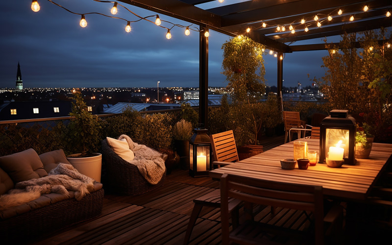 Uitzicht op gezellig buitenterras met tafel en stoelen, zeer romantische verlichting