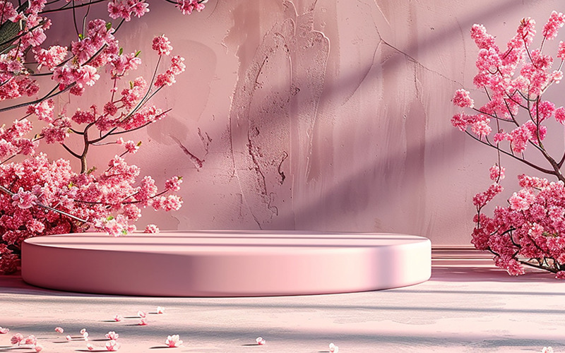 Pódio de produtos com glitter de flores rosa em fundo rosa