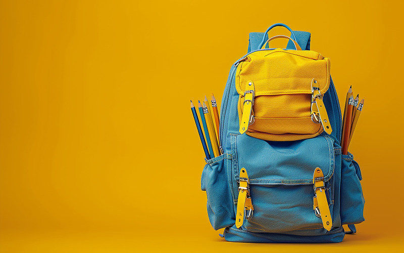 Concept d'éducation de retour à l'école sac à dos jaune avec école