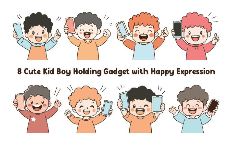 8 Söt Kid Boy Holding Gadget med glada uttryck