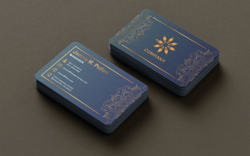 Modello di biglietto da visita elegante in oro e blu scuro – Design professionale premium