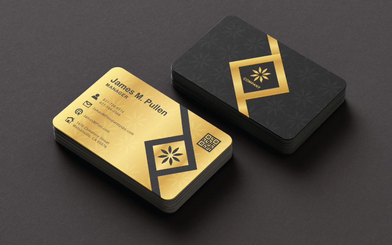 Plantilla de tarjeta de presentación de lujo en dorado y negro: diseño elegante y de primera calidad