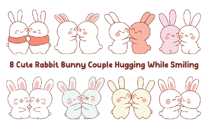 8 simpatici personaggi di coppia di conigli che si abbracciano mentre sorridono
