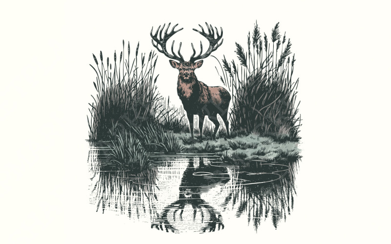 Deer Sublimation Design, Hunting PNG, Vintage Deer Art, Nature Camping Wildlife, Deer at Lake