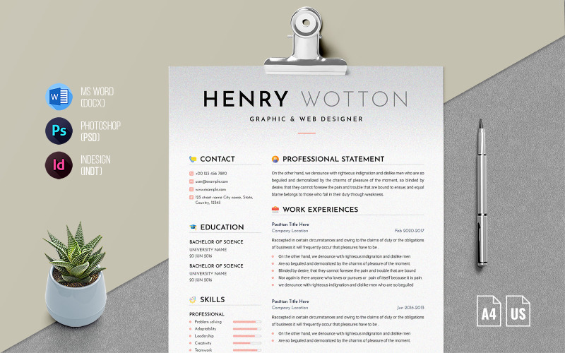 Modello di CV/curriculum pulito di quattro pagine