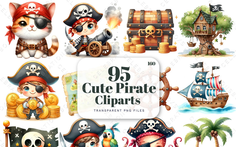 Pacote de clipart de pirata fofo, clipart de aquarela, criação de cartões, scrapbooking