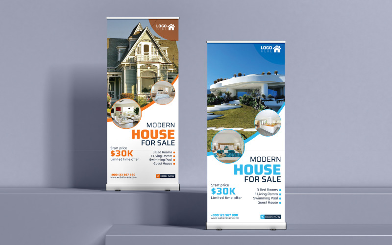 Bannières pour roll-ups présentant des maisons et des structures immobilières