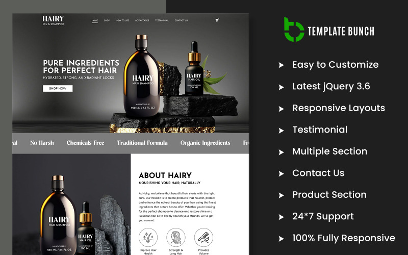 Hairy - Thème Shopify polyvalent pour produits uniques d'huile et de shampoing
