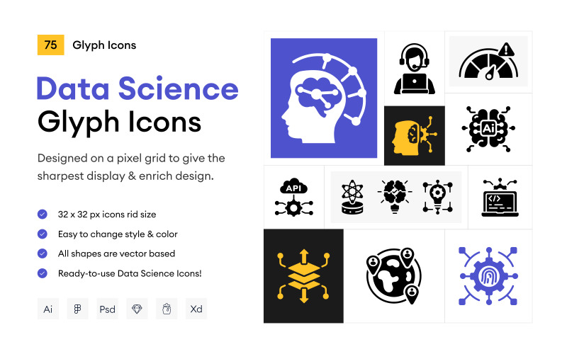 Moderne Data Science-glyph-pictogrammen