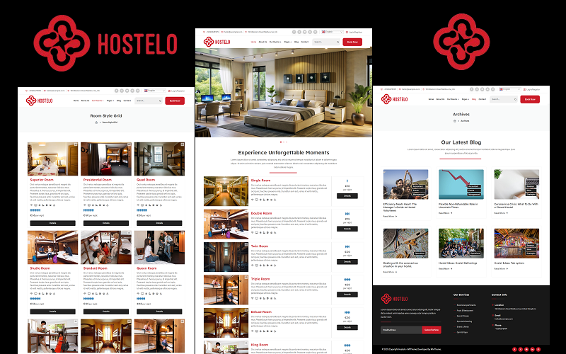 Hostelo - 旅馆，宿舍，大厅，寄宿，房屋，住宅预订 Elementor WordPress 主题