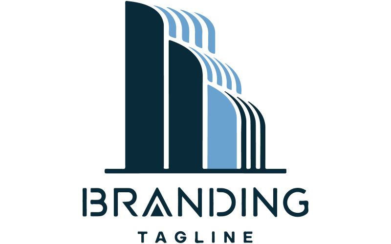 Logotipo moderno con un edificio alto estilizado.