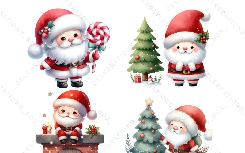 Roztomilý Santa Clipart Vánoční Grafika PNG Akvarel Clipart pro komerční použití Card Making