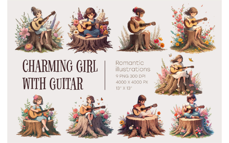 Charmante fille avec guitare. Clipart romantique.