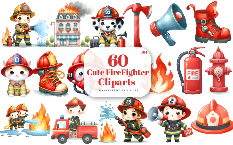 Cute Firefighter Clipart, Watercolor Firetruck Clipart, Helmet, Dalmatian, Extinguisher, Hydrant
