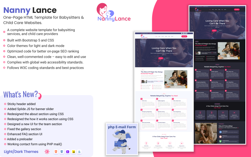 Nanny Lance – Modelo de site de babá de uma página com modo claro e escuro