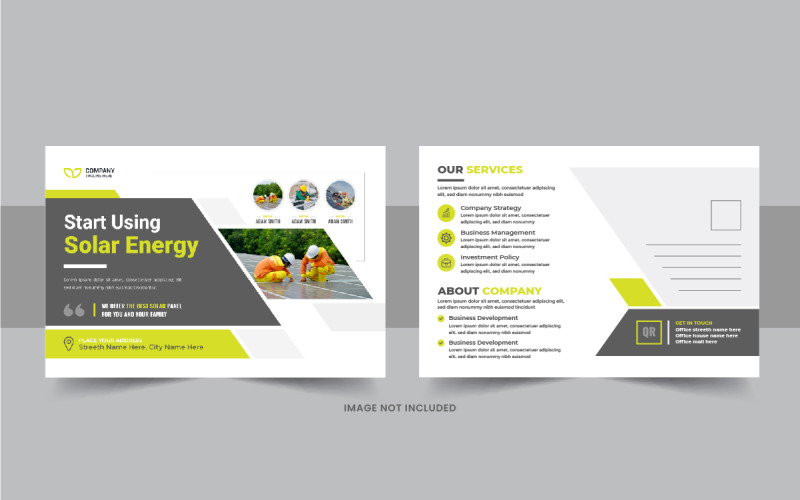 Modèle de carte postale de services énergétiques de panneaux solaires, mise en page de conception de carte postale eddm d'énergie verte
