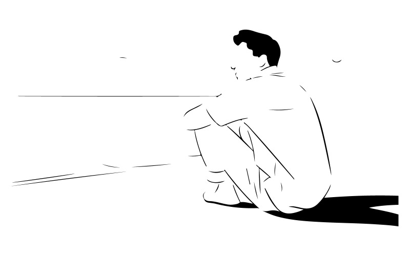 Een witte lijnschets van een man die op het strand zit