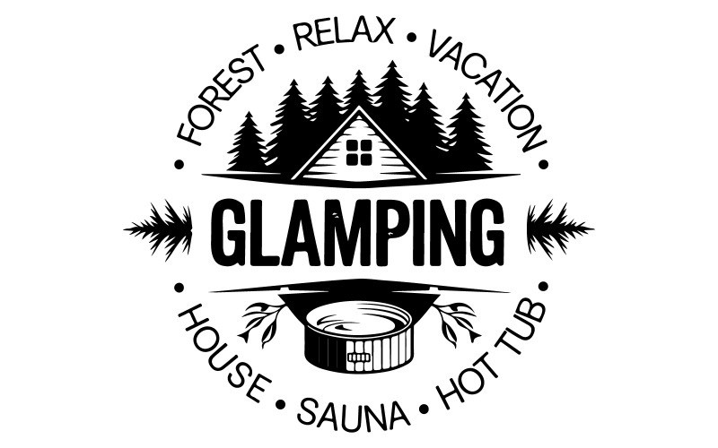 Un logo de glamping avec une forêt, des vacances, une maison