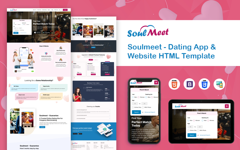 HTML-mall för dejtingapp och webbplats — Responsivt användargränssnitt för matchning och meddelanden