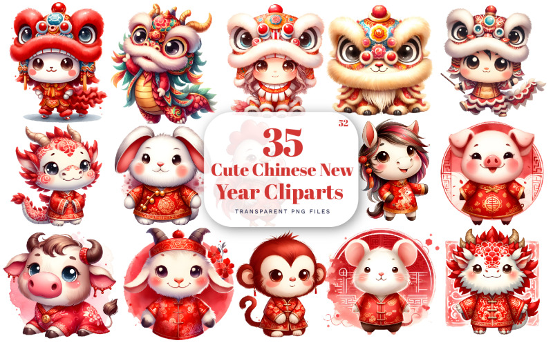 Clipart bonito do ano lunar chinês, dança do leão do dragão vermelho do bebê do zodíaco chinês ano novo _PNG