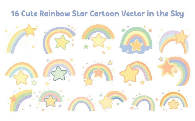 16 Roztomilý kreslený vektor Rainbow Star na obloze
