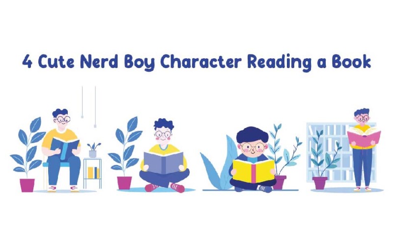 4 Personagens Nerd Boy Fofos Lendo um Livro