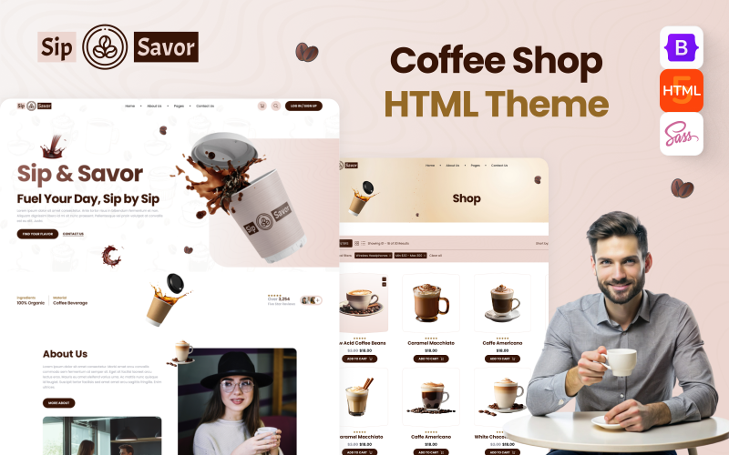 Sip Savor – Kaffee, Caffe & frische Getränke HTML-Website-Vorlage