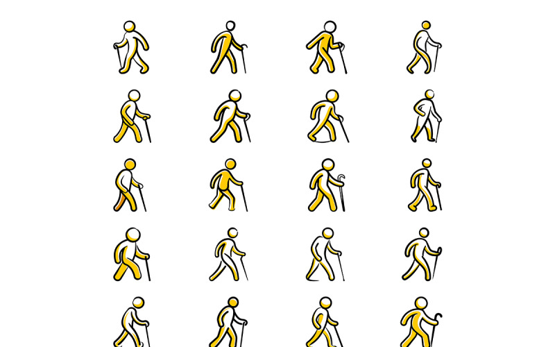 Pacchetto di icone in stile doodle con persona che cammina con il bastone