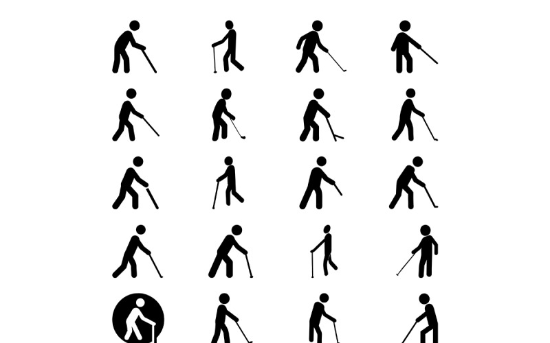 Ensemble de pictogrammes d'icônes de personnes marchant avec une canne