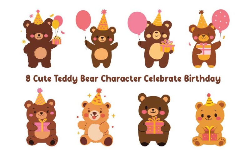 8 personagens fofos de ursinhos de pelúcia comemoram aniversário