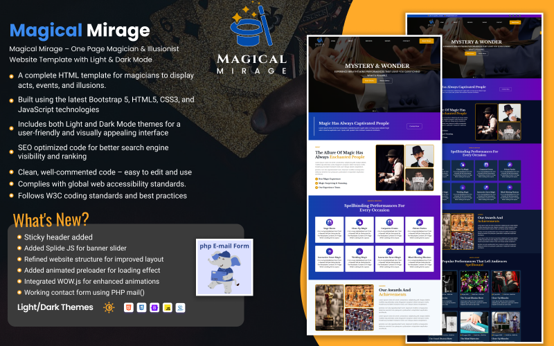 Magical Mirage - HTML šablona pro web kouzelníka s jednou stránkou