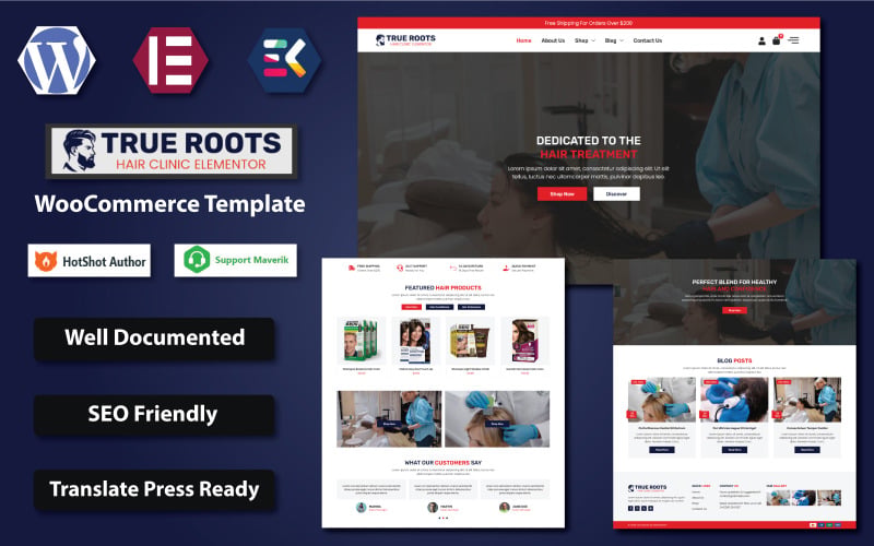 Šablona WooCommerce Elementor pro kadeřnictví a salon True Roots